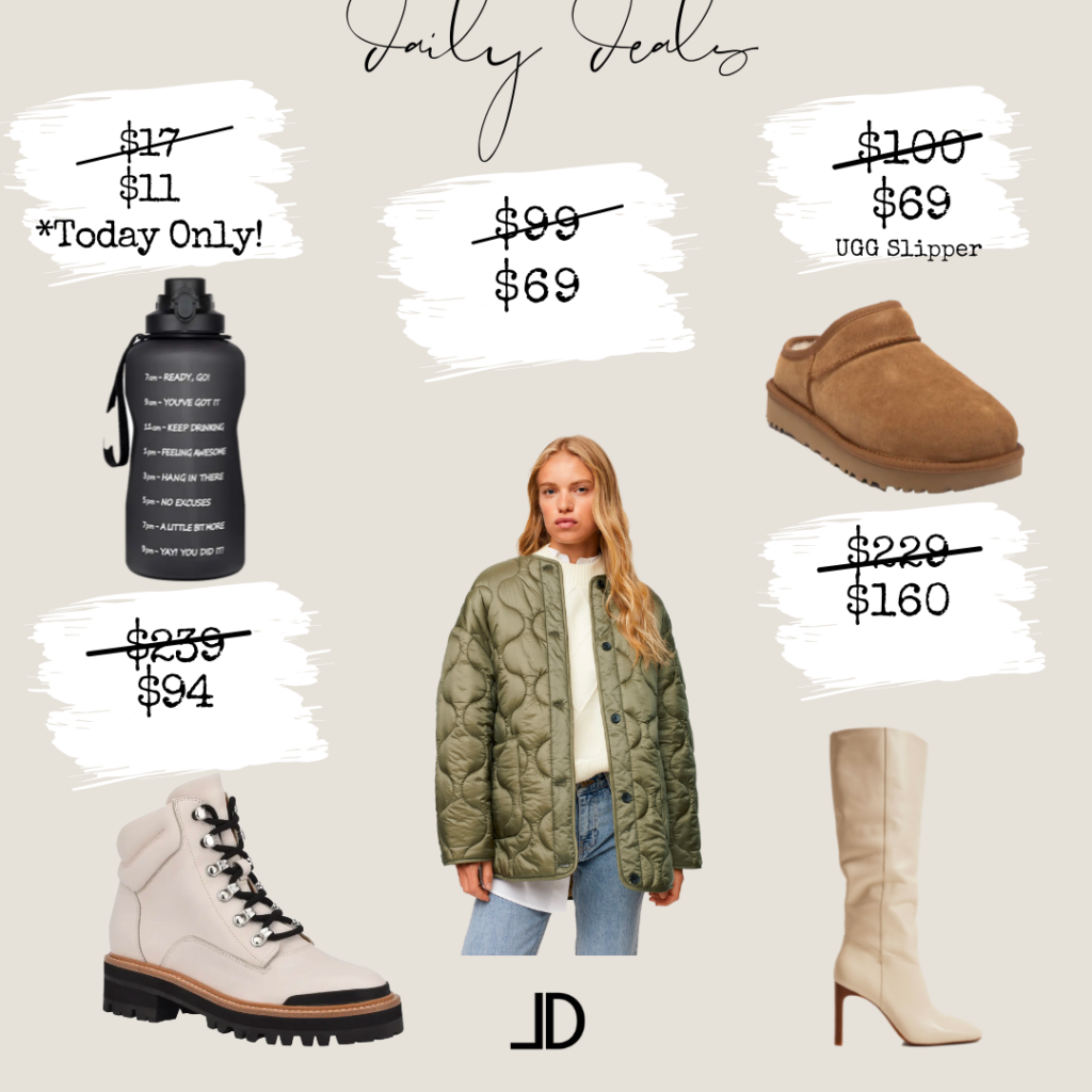 winter puffer, water bottle, ugg slippers, hiking boots, quilted jacket, knee high boots