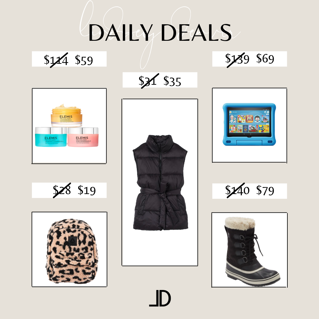 Daily deals, Elemis cleanser, sherpa backpack, puffer vest, Sorel boot, amazon kindle,