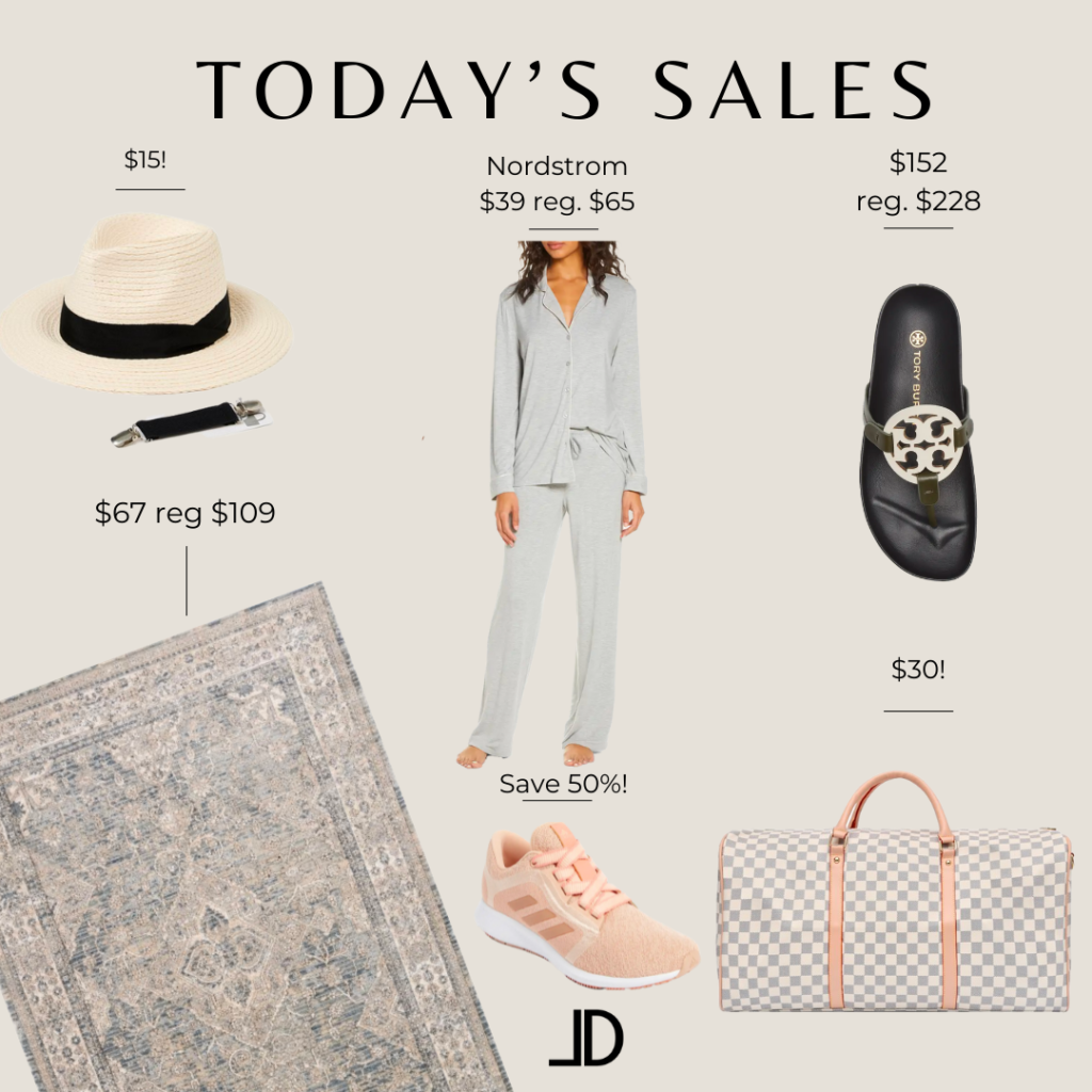 today's sales, straw hat, Nordstrom pajamas, Tory Burch sandals, Louis Vuitton duffle bag style, Rug, Adidas