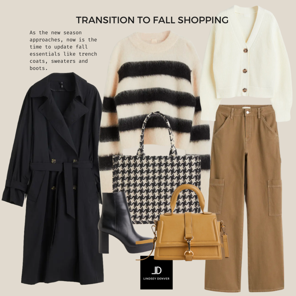 FALLfashion collage includes trench coat, sweater, tote, houndstooth, cargo pants, cardigan