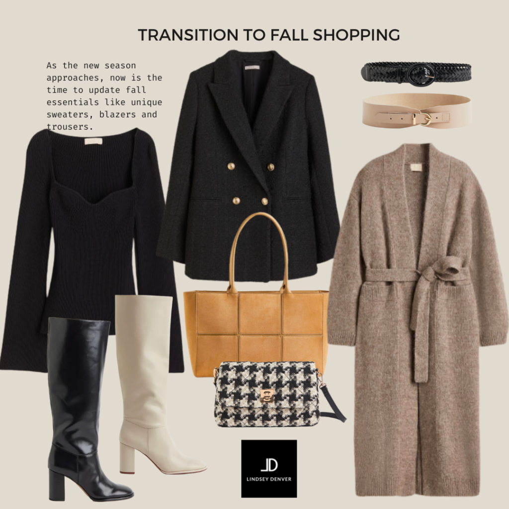 FALLfashion collage includes trench coat, sweater, tote, houndstooth, cargo pants, cardigan