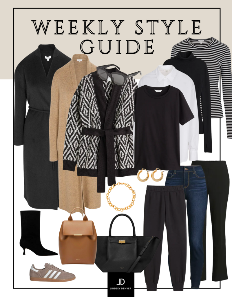 Fall outfit ideas, coatigan, black coat, sweaters, pants, jeans