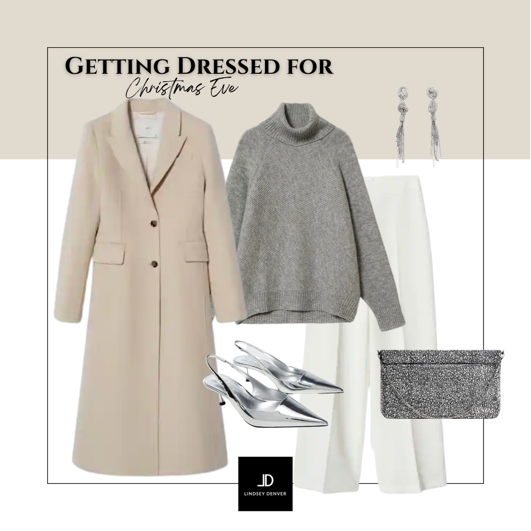 Christmas Eve Outfit, Beige Wool Coat, Gray Wool Turtleneck sweater, silver heels, crystal bag, off white trousers.