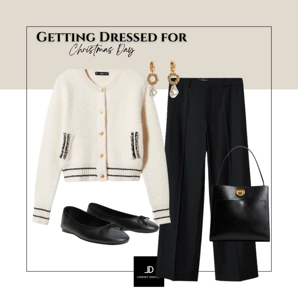 Celine cardigan, black trousers, ballet flats