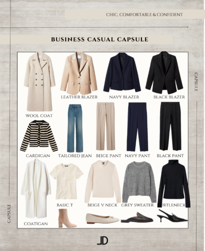 "A curated selection of versatile, professional attire for women, including blouses, trousers, and skirts in neutral colors, perfect for creating a polished and put-together look in a business casual setting."