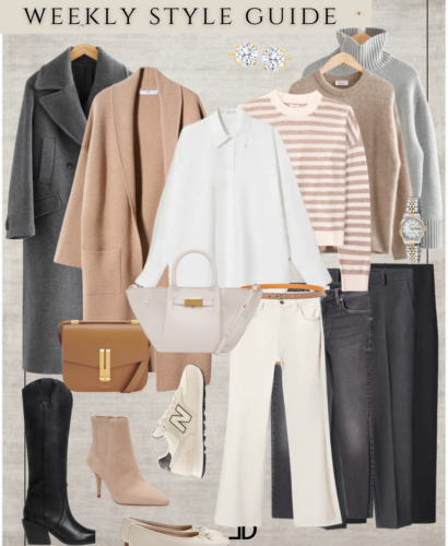 Picture of a neutral business casual weekly capsule wardrobe, featuring a blazer, trousers, blouse, and heels all in neutral tones, creating a chic and polished look for the office.