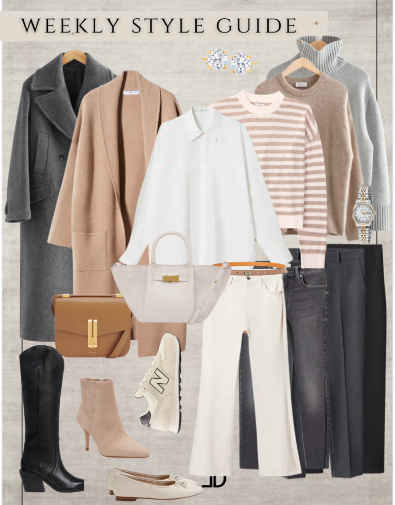 Picture of a neutral business casual weekly capsule wardrobe, featuring a blazer, trousers, blouse, and heels all in neutral tones, creating a chic and polished look for the office.