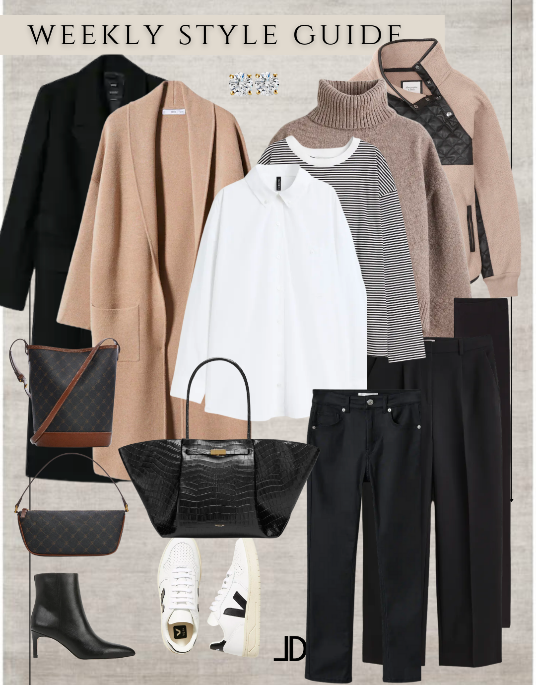 Weekly style guide include clothing pieces to build a mix and match outfit each day of week.