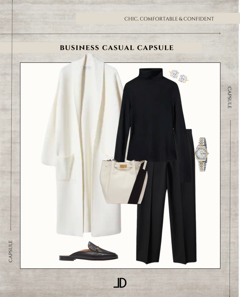 "A curated selection of versatile, professional attire for women, including blouses, trousers, and skirts in neutral colors, perfect for creating a polished and put-together look in a business casual setting."