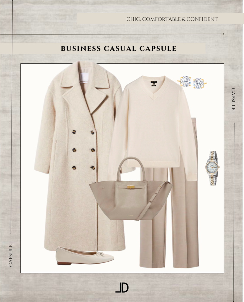 "A curated selection of versatile, professional attire for women, including blouses, trousers, and skirts in neutral colors, perfect for creating a polished and put-together look in a business casual setting."