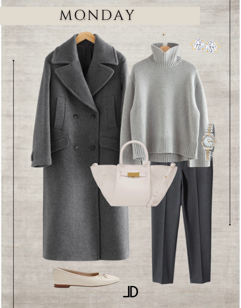 Picture of a neutral business casual weekly capsule wardrobe, featuring a blazer, trousers, blouse, and heels all in neutral tones, creating a chic and polished look for the office.