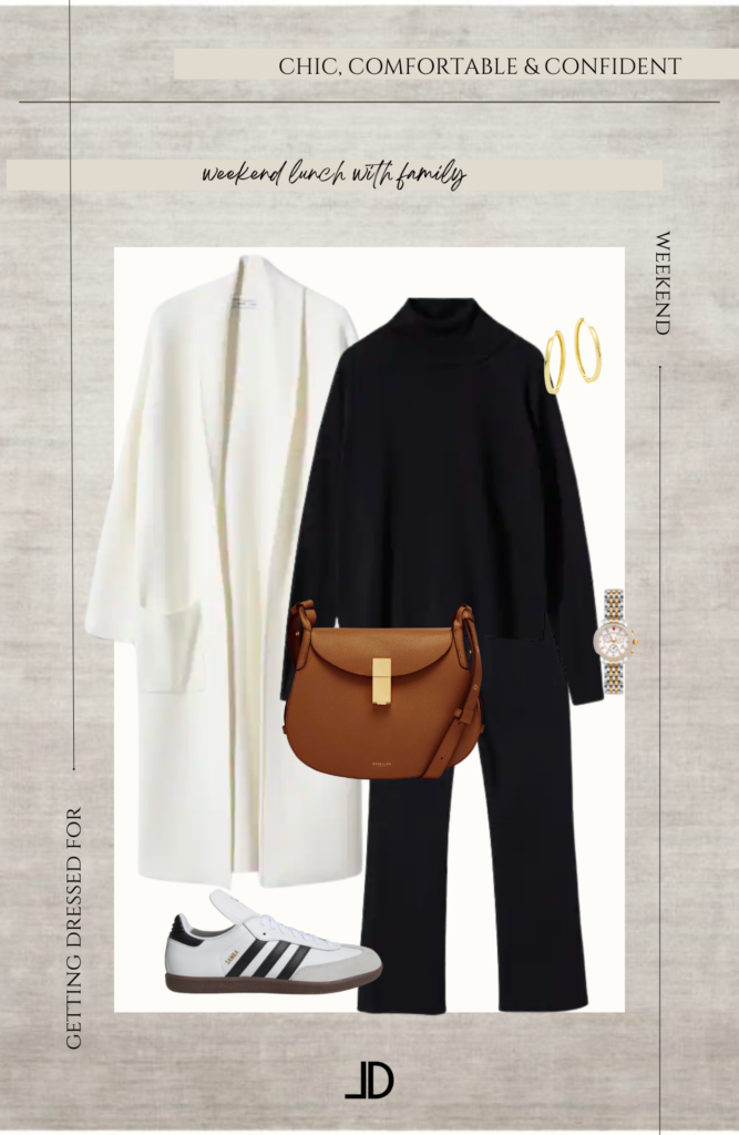 Lindsey Denver wearing a white coatigan, paired with a black turtleneck sweater, dark wash jeans, and black casual sneakers. She accessorizes with a brown leather tote bag and gold hoop earrings.