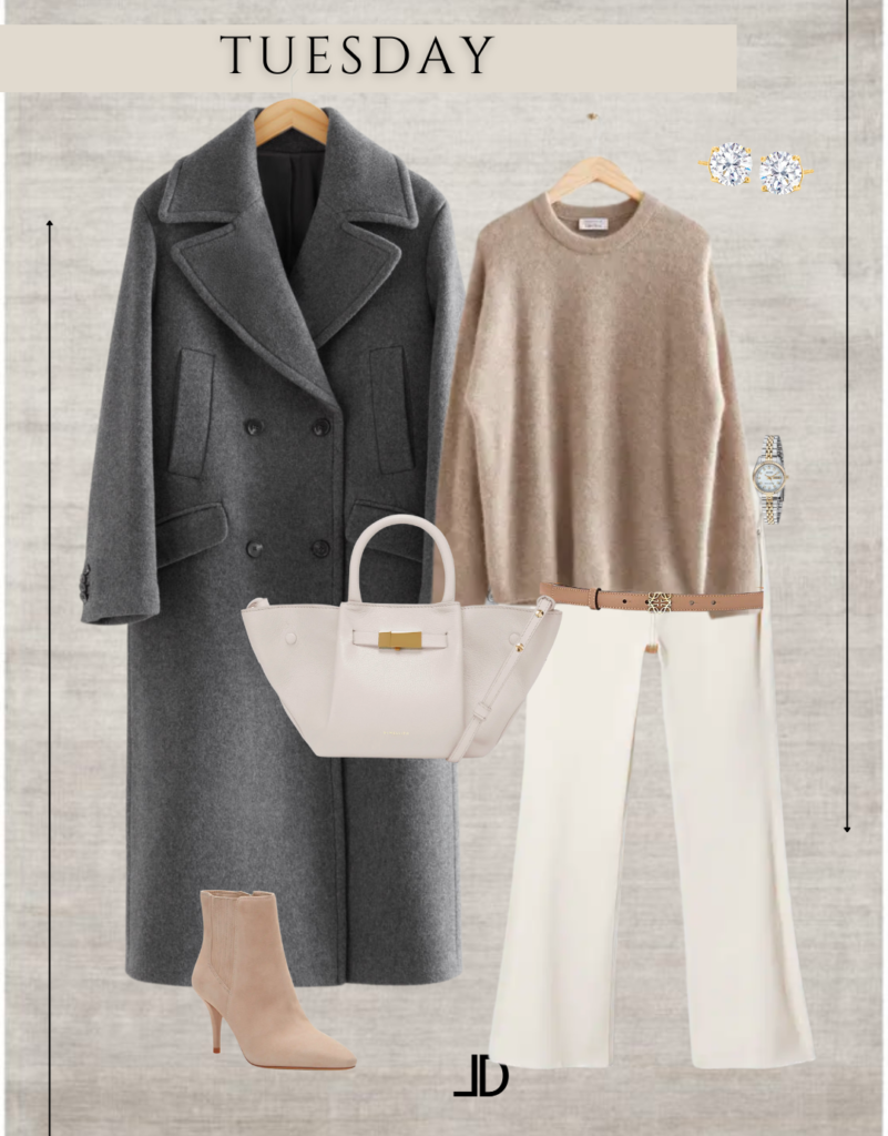 Picture of a neutral business casual weekly capsule wardrobe, featuring a blazer, trousers, blouse, and heels all in neutral tones, creating a chic and polished look for the office.