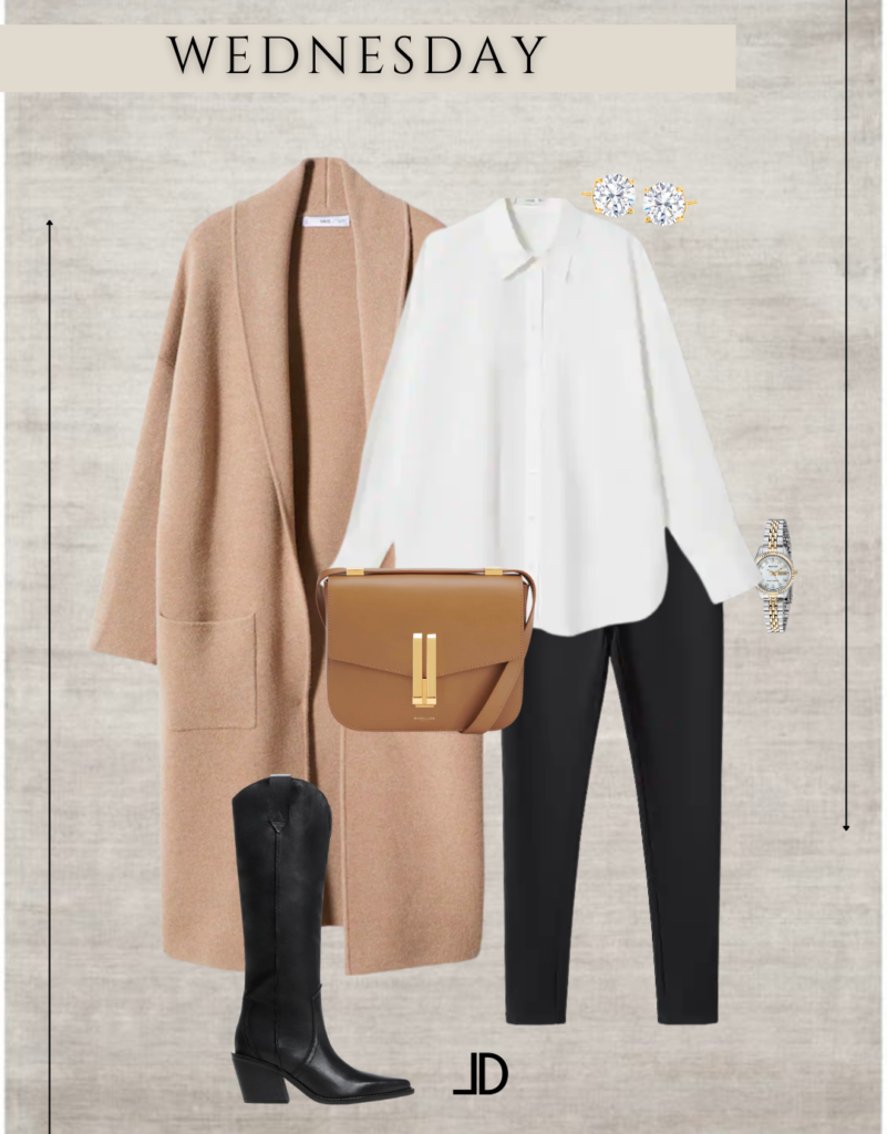 Picture of a neutral business casual weekly capsule wardrobe, featuring a blazer, trousers, blouse, and heels all in neutral tones, creating a chic and polished look for the office.