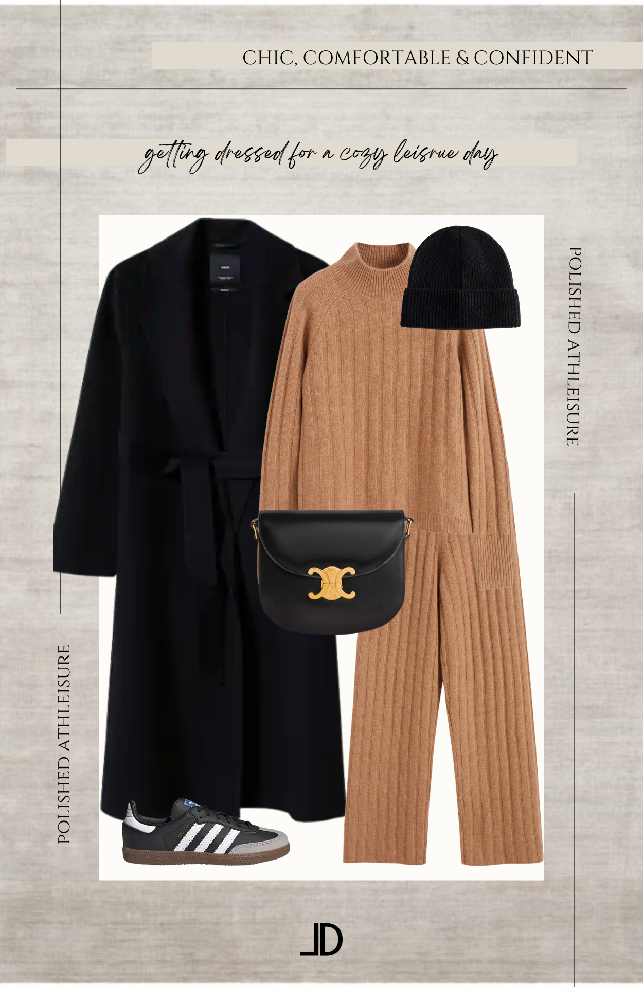 cashmere jogger set, handmade wool coat, Celine Triomphe crossbody, Adidas sambas and beanie create a polished monochrome loungewear look.