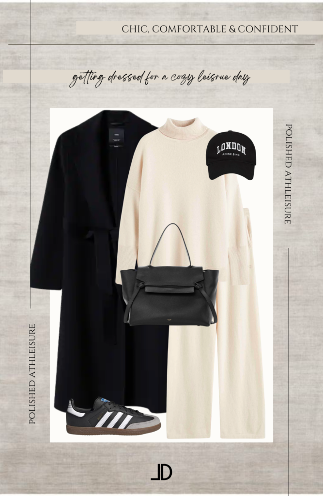 cashmere jogger set, handmade wool coat, Celine Triomphe crossbody, Adidas sambas and beanie create a polished monochrome loungewear look.