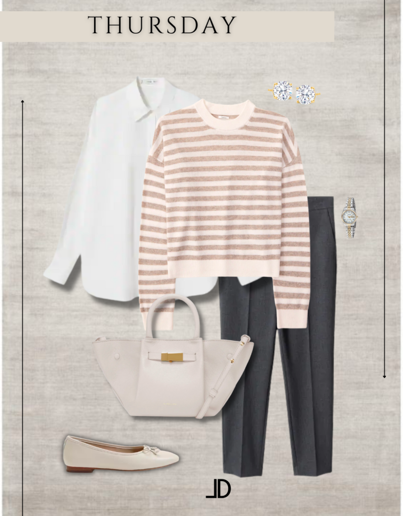 Picture of a neutral business casual weekly capsule wardrobe, featuring a blazer, trousers, blouse, and heels all in neutral tones, creating a chic and polished look for the office.