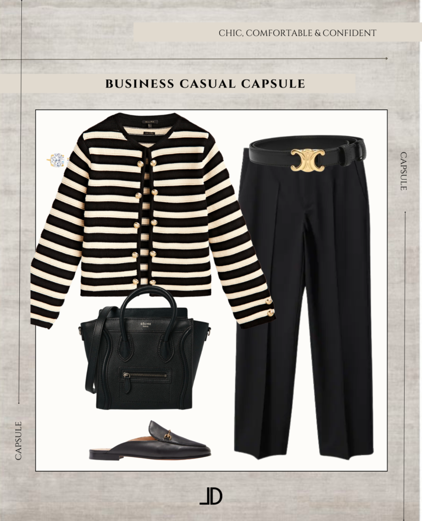 "A curated selection of versatile, professional attire for women, including blouses, trousers, and skirts in neutral colors, perfect for creating a polished and put-together look in a business casual setting."