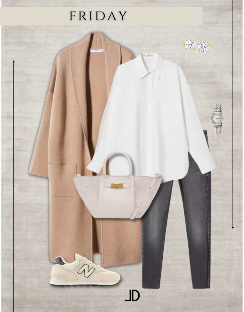 Picture of a neutral business casual weekly capsule wardrobe, featuring a blazer, trousers, blouse, and heels all in neutral tones, creating a chic and polished look for the office.