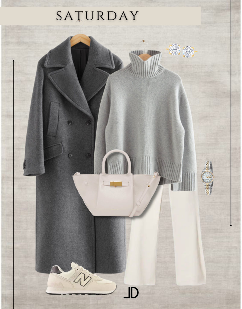 Picture of a neutral business casual weekly capsule wardrobe, featuring a blazer, trousers, blouse, and heels all in neutral tones, creating a chic and polished look for the office.