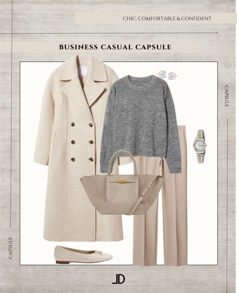 "A curated selection of versatile, professional attire for women, including blouses, trousers, and skirts in neutral colors, perfect for creating a polished and put-together look in a business casual setting."