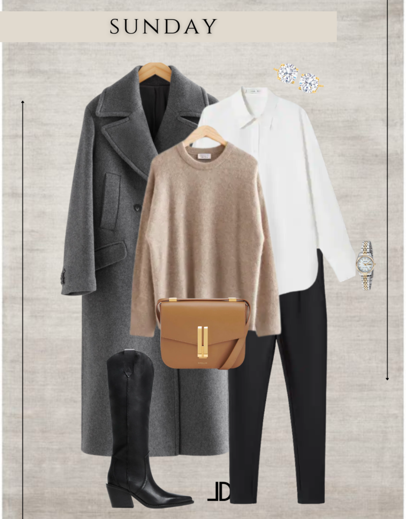 Picture of a neutral business casual weekly capsule wardrobe, featuring a blazer, trousers, blouse, and heels all in neutral tones, creating a chic and polished look for the office.