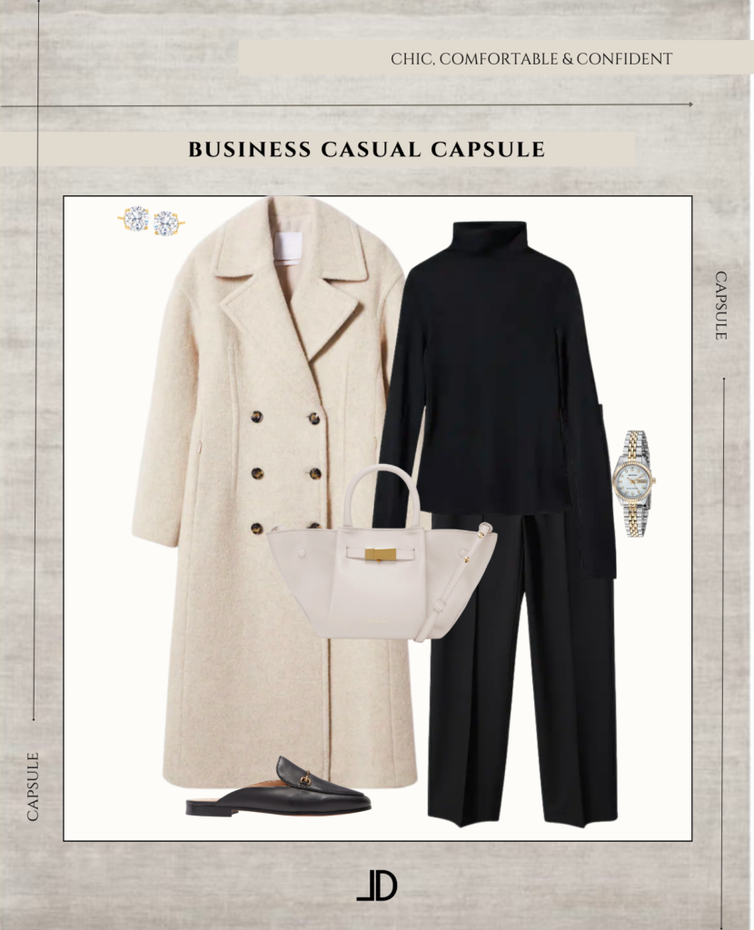 "A curated selection of versatile, professional attire for women, including blouses, trousers, and skirts in neutral colors, perfect for creating a polished and put-together look in a business casual setting."