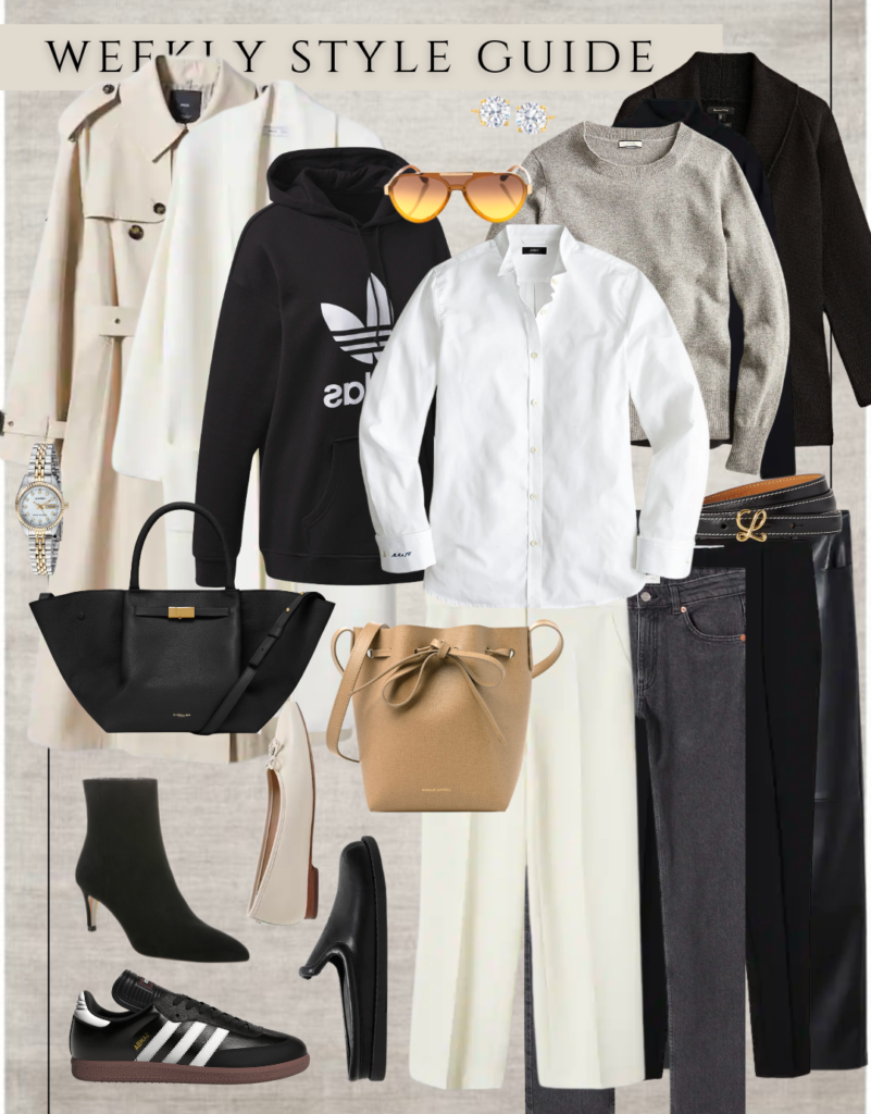 Weekly guide showcasing a collection of neutral outfit ideas, including classic black and white ensembles, earthy tones, and versatile looks suitable for everyday wear and special events.