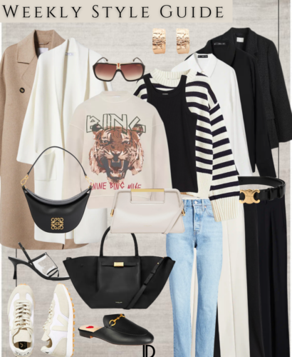 mage of a weekly style guide showing minimalist, chic, and modern outfits for the transitional season from winter to spring. The outfits feature versatile pieces that can be mixed and matched, such as a black striped sweater, high-waisted jeans, sneakers, and a blazer. The guide emphasizes keeping up with current fashion trends while also prioritizing comfort and practicality.