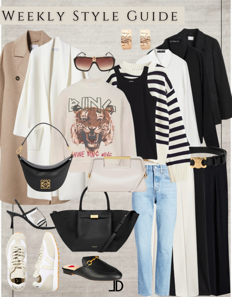 mage of a weekly style guide showing minimalist, chic, and modern outfits for the transitional season from winter to spring. The outfits feature versatile pieces that can be mixed and matched, such as a black striped sweater, high-waisted jeans, sneakers, and a blazer. The guide emphasizes keeping up with current fashion trends while also prioritizing comfort and practicality.