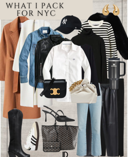 "Image of 5 outfits to wear in NYC" - The image features five different outfits styled for different occasions, including a casual streetwear look, a business-casual outfit, a dressy evening attire, a cozy winter ensemble, and a trendy spring outfit. Each outfit includes various clothing items such as jackets, pants, skirts, and accessories like hats, bags, and sunglasses. The image showcases different styles and colors suitable for different seasons and occasions, providing visual inspiration for those looking for outfit ideas when visiting New York City.