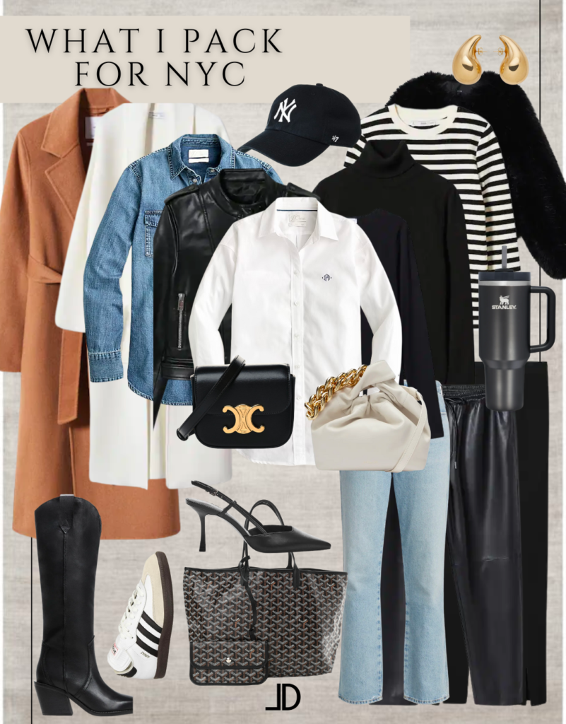 "Image of 5 outfits to wear in NYC" - The image features five different outfits styled for different occasions, including a casual streetwear look, a business-casual outfit, a dressy evening attire, a cozy winter ensemble, and a trendy spring outfit. Each outfit includes various clothing items such as jackets, pants, skirts, and accessories like hats, bags, and sunglasses. The image showcases different styles and colors suitable for different seasons and occasions, providing visual inspiration for those looking for outfit ideas when visiting New York City.