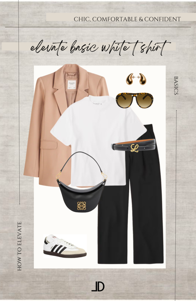 A white T-shirt is paired with a brown blazer, black trousers, white sneakers, and gold jewelry. The T-shirt has a relaxed fit and is made of a soft, breathable fabric. The blazer is tailored and has a sleek, modern look. The trousers are straight-legged and sit at the waist. The sneakers are minimalist in style and have a clean, white finish. The gold jewelry includes a necklace, earrings, and a bracelet, adding a touch of elegance to the outfit. The ensemble is casual yet stylish, perfect for a range of occasions.