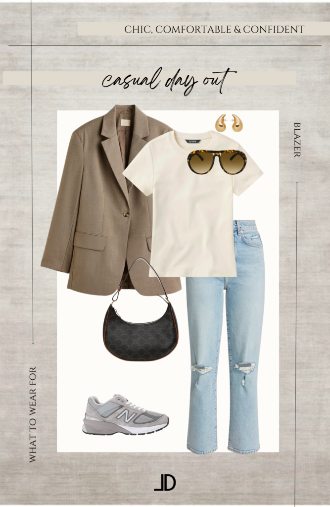 Three outfits featuring an oversized jacket. The first outfit features a white blouse, tailored trousers, and black pumps for a professional look. The second outfit features a white t-shirt, distressed jeans, and white sneakers for a casual look. The third outfit features a black slip dress, strappy heels, and a statement necklace for a romantic look. The oversized jacket adds a touch of sophistication to each outfit.