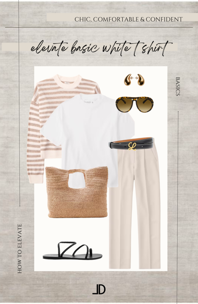 A white t-shirt in a collage illustration with five different accessories and clothing items surrounding it. White t shirt Dress it up with statement jewelry and a belt Pair it with high-waisted trousers sandals.