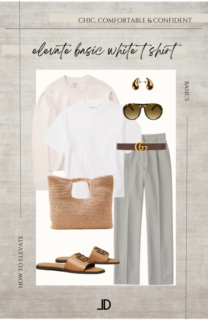 A white t-shirt in a collage illustration with five different accessories and clothing items surrounding it. White t shirt Dress it up with statement jewelry and a belt Pair it with high-waisted trousers sandals.