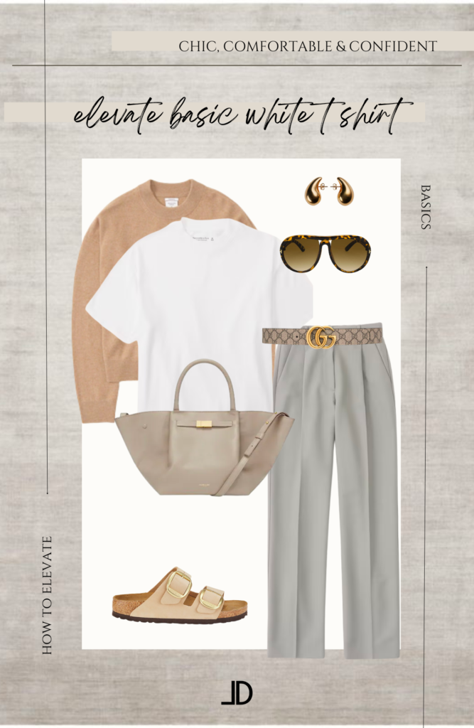 A white t-shirt in a collage illustration with five different accessories and clothing items surrounding it. White t shirt Dress it up with statement jewelry and a belt Pair it with high-waisted trousers Blazer Adidas Samba sneakersbirkenstock.