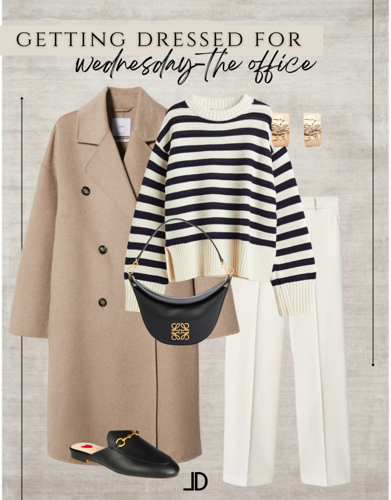 mage of a weekly style guide showing minimalist, chic, and modern outfits for the transitional season from winter to spring. The outfits feature versatile pieces that can be mixed and matched, such as a black striped sweater, high-waisted jeans, sneakers, and a blazer. The guide emphasizes keeping up with current fashion trends while also prioritizing comfort and practicality.