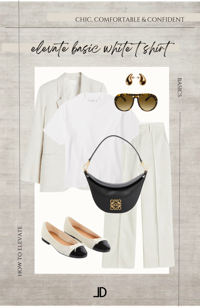 A white t-shirt in a collage illustration with five different accessories and clothing items surrounding it. White t shirt Dress it up with statement jewelry and a belt Pair it with high-waisted trousers ballet flats.