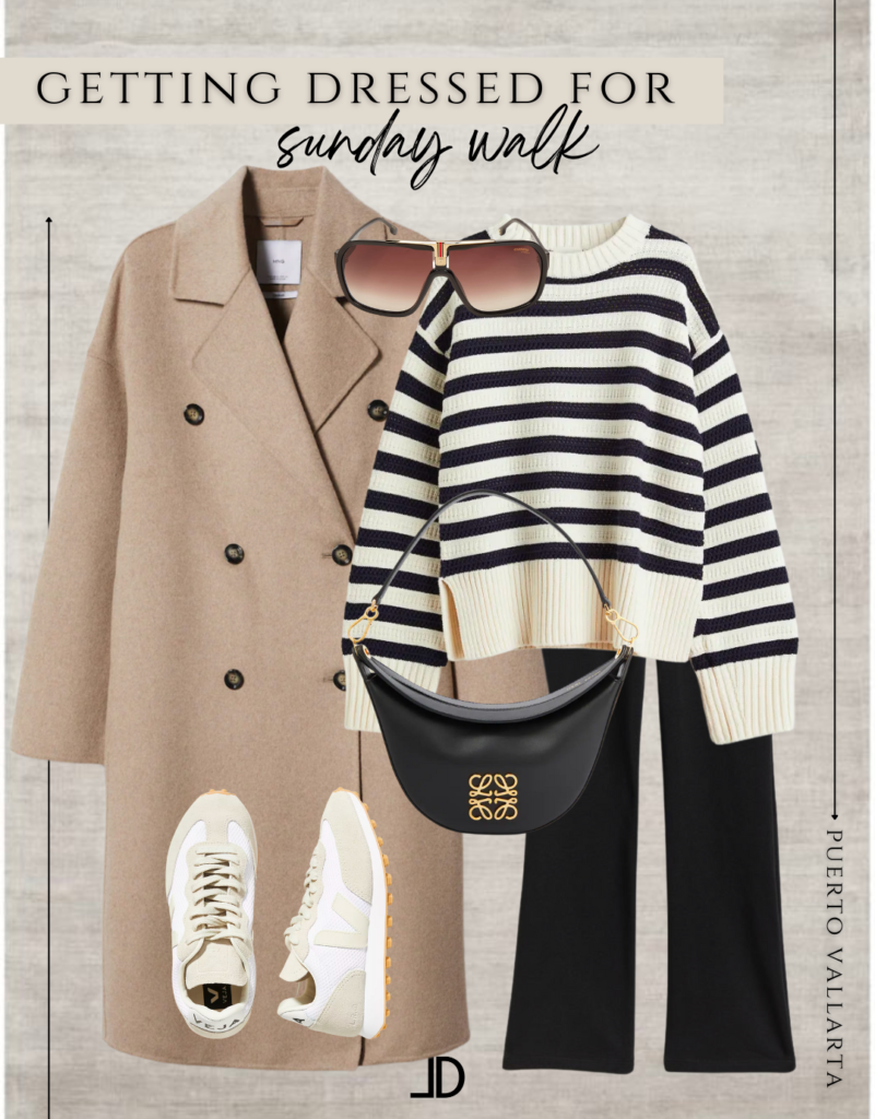 mage of a weekly style guide showing minimalist, chic, and modern outfits for the transitional season from winter to spring. The outfits feature versatile pieces that can be mixed and matched, such as a black striped sweater, high-waisted jeans, sneakers, and a blazer. The guide emphasizes keeping up with current fashion trends while also prioritizing comfort and practicality.