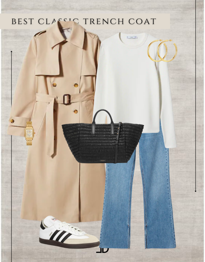 Image depicts chic outfit showcasing the versatility of the trench coat versatile outerwear pieces. The trench coats offer a stylish and practical solution for any woman's wardrobe, perfect for dressing up or down, and ideal for all seasons.