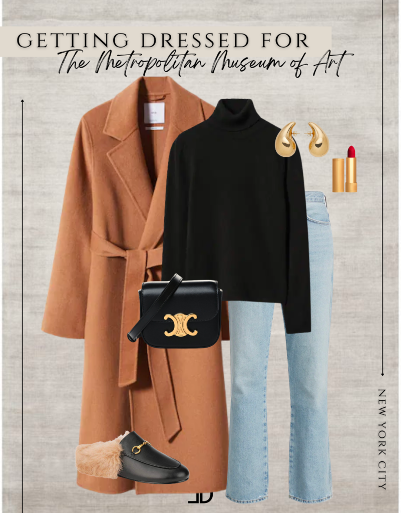 "Image of 5 outfits to wear in NYC" - The image features five different outfits styled for different occasions, including a casual streetwear look, a business-casual outfit, a dressy evening attire, a cozy winter ensemble, and a trendy spring outfit. Each outfit includes various clothing items such as jackets, pants, skirts, and accessories like hats, bags, and sunglasses. The image showcases different styles and colors suitable for different seasons and occasions, providing visual inspiration for those looking for outfit ideas when visiting New York City.