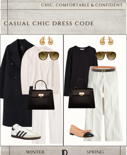 A casual chic outfit for the modern woman, featuring a loose-fitting cream sweater made from cashmere and breathable fabric, paired with high-waisted cream trousers and white Adidas Samba sneakers. The outfit is accessorized with a beige crossbody bag, gold tear drop earrings, and a pair of trendy sunglasses. This casual chic look is perfect for any occasion, whether running errands or meeting friends for brunch.