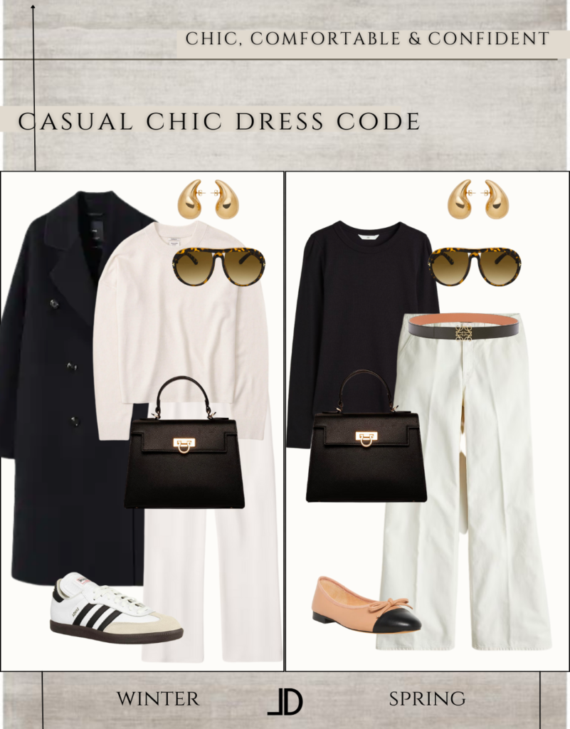 A casual chic outfit for the modern woman, featuring a loose-fitting cream sweater made from cashmere and breathable fabric, paired with high-waisted cream trousers and white Adidas Samba sneakers. The outfit is accessorized with a beige crossbody bag, gold tear drop earrings, and a pair of trendy sunglasses. This casual chic look is perfect for any occasion, whether running errands or meeting friends for brunch.