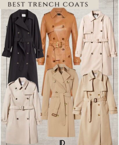 Image depicts six different colored timeless trench coats on hangers, hanging in a row. Each coat showcases a classic design with a double-breasted front, belted waist, and collared neckline. The colors range from a neutral beige to a black leather, showcasing the versatility of these versatile outerwear pieces. The trench coats offer a stylish and practical solution for any woman's wardrobe, perfect for dressing up or down, and ideal for all seasons.