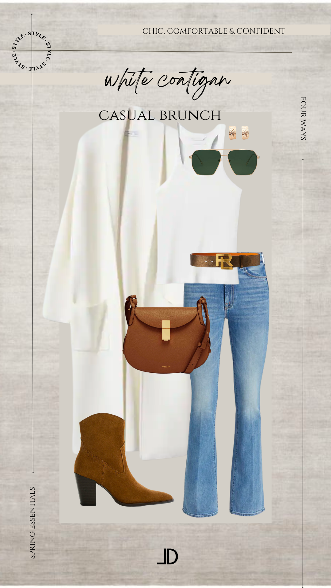 Collage of outfits featuring a Mango white coatigan, including a casual daytime look with jeans and sneakers, a business casual outfit with a black dress and heels, and a cozy evening look with leggings and boots.