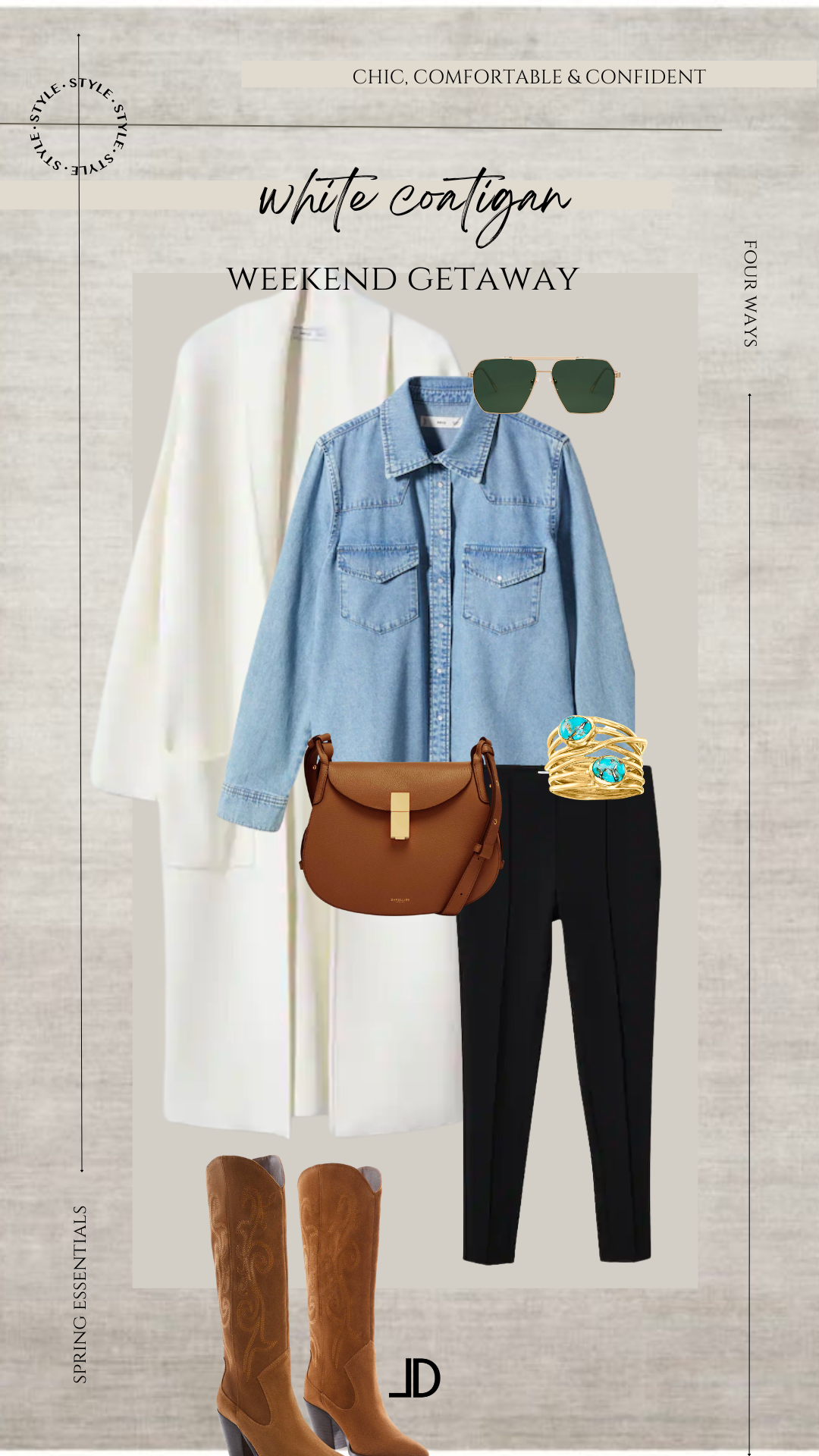 Collage of outfits featuring a Mango white coatigan, including a casual daytime look with jeans and sneakers, a business casual outfit with a black dress and heels, and a cozy evening look with leggings and boots.