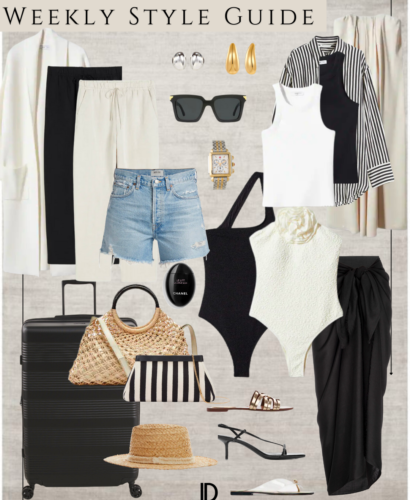 A photo collage of seven different outfits, each one representing a day of the week for travel. The outfits include a mix of clothing such as dresses, skirts, shorts, and tops in different colors, patterns, and textures, styled with various accessories such as hats, sunglasses, and jewelry.