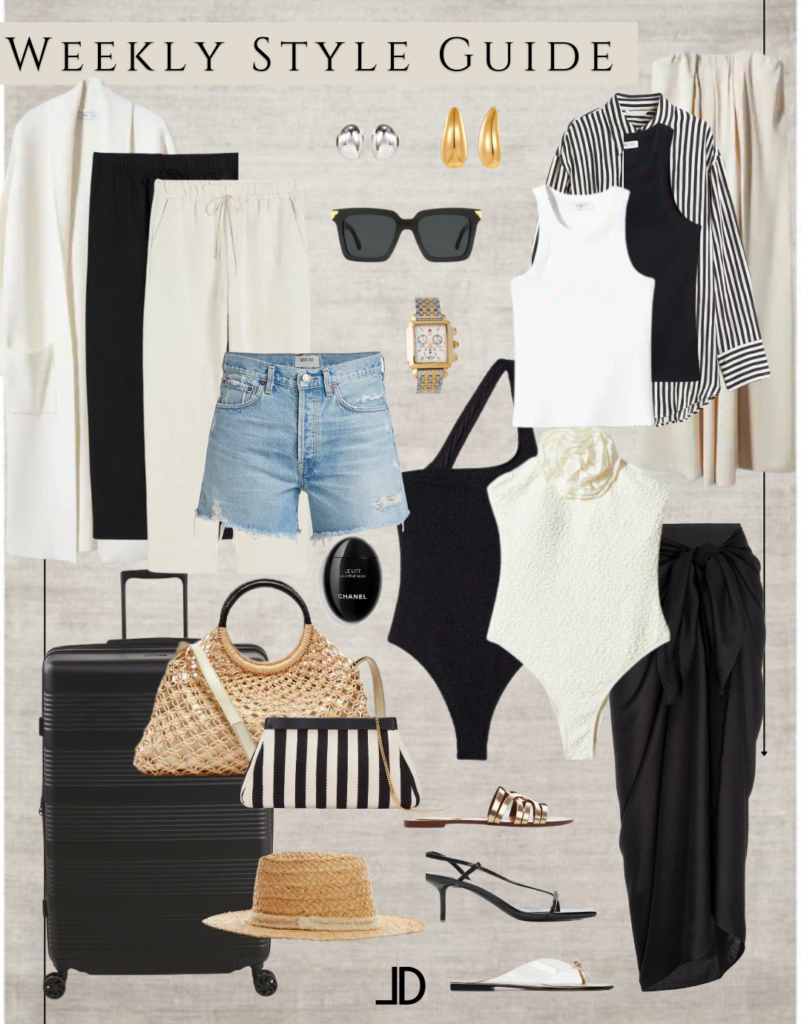 A photo collage of seven different outfits, each one representing a day of the week for travel. The outfits include a mix of clothing such as dresses, skirts, shorts, and tops in different colors, patterns, and textures, styled with various accessories such as hats, sunglasses, and jewelry.