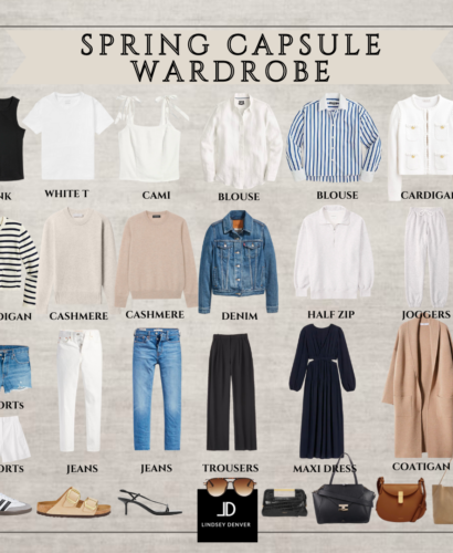 An image of a women's spring capsule wardrobe featuring a collection of versatile and minimalistic clothing items. The wardrobe includes a mix of neutral and pastel colors with essential pieces like a denim jacket, white t-shirt, striped shirt, midi dress, and light-wash jeans. The items are coordinated to allow for easy mixing and matching, and the overall look is both functional and stylish. The capsule wardrobe promotes sustainability and simplicity by emphasizing the use of high-quality, long-lasting basics.